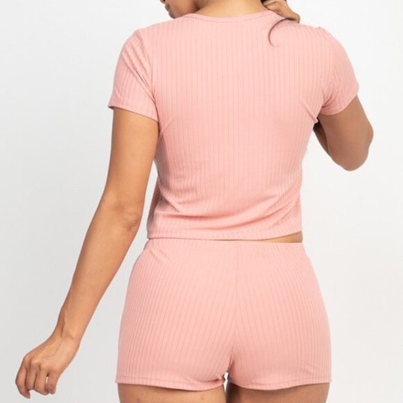 Capella Pink Ribbed Lounge Set Women's Size Small | 2PC Crop Top & Shorts | Cute - Picture 2 of 7